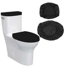 SHUOGUO Toilet Lid Cover and Toilet Tank Lid Cover, Bathroom Soft Toilet Lid Cover Set with Elastic Bottom, Machine Wash Fits Most Size Toilet Lid and Toilet Tank (Black)