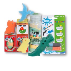 Dinosaur Toys for Boys - Bath Bombs for Kids with Dinosaur Themed Pack, Jumbo-Sized Dino & Crocodile Functional Sponge, Green Bath Sprinkles, Dinosaur Bath Beans Pack, & 3 Dino Eggs