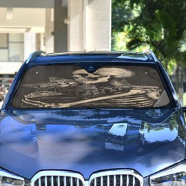Funny Cat Skeleton Skull Black Windshield Sunshade Car Sun Shade Front Window Shade for Truck SUV Blocks UV Rays Sun Reflector Visor Protector Accordion Folding