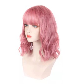 Fake Curly Wig Synthetic Soft Breathable Short Curly Wavy Hair Wig with Bang for Women Female Light Pink