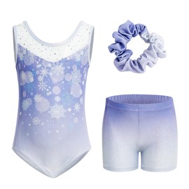 JiAmy Gymnastics Leotards for Girls with Shorts Set, Sleeveless Kids Gymnastics Athletic Outfit, Gradient Ballet Leotard Sparkle Dancewear 3Pcs for Kids 6-7 Years