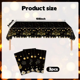 CIEOVO 3 Pieces Happy New Year Tablecloths Plastic Black Gold New Year Table Cover Disposable Rectangle New Year Tablecloths for 2025 New Years Eve Party Decorations Supplies
