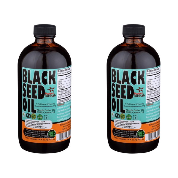 2 pack - Pure Turkish Black Seed Oil Liquid 2.26% Thymoquinone Cold-Pressed Black Cumin Seed Oil From Pure Nigella Sativa - First Pressing Blackseed Oil for Immune Support 16 Oz Glass Bottle Sweet Sunnah
