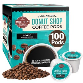 Wellsley Farms Donut Shop Coffee Pods | Medium Roast | Crafted with 100% Arabica Coffee | Rich Caramel & Nutty Flavor | Recyclable Pods | Compatible with Single-Serve Brewers | 100 Count Box
