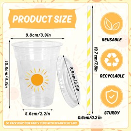 Whaline 50Pcs Boho Sun Disposable Plastic Cups with Lids and Straws 12oz Party Cups Sunshine Cold Beverage Drinking Cups for Birthday Baby Shower Party