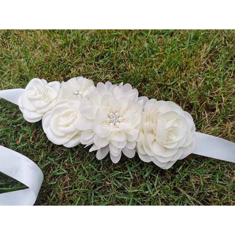 Handmade maternity sash belt with flowers and bow rhinestones decor