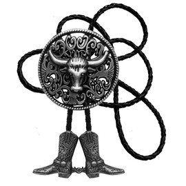 Moranse Bolo Tie with Western Cowboy Hat Saddle And Knight Boots Style Genuine and Cowhide Rope, Silver Cowboy Bull Head, Small