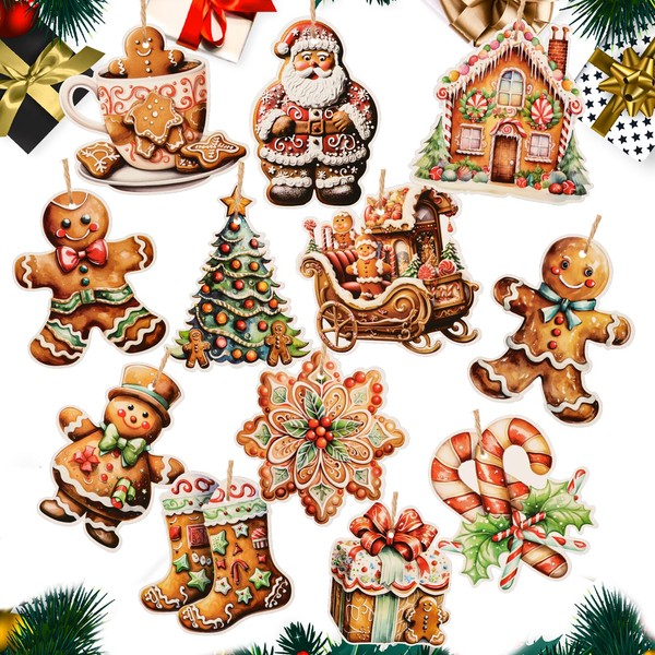 24pcs Christmas Tree Decorations Gingerbread Man Double Side Design Paper Christmas Hanging Decorations Ornaments with Jute Rope Tags for Xmas Presents