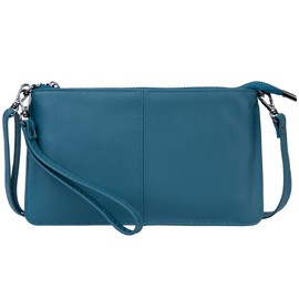 Bveyzi Genuine Leather Wristlet Purses for Women, Envelope Clutch Wallet Small Crossbody Bags for Dressy Evening, Lake Blue