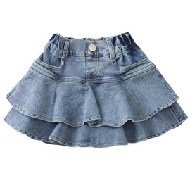 Flofallzique Girls Jean Skirt Mini Flared Pleated Kids Blue Toddler Denim Skorts with Short Underneath(3 Years,Blue)