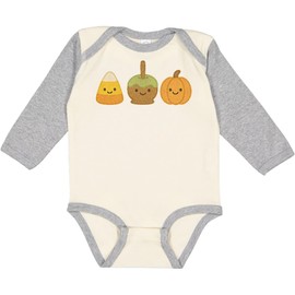 inktastic Cute Fall Candy Corn Caramel Apple Pumpkin Faces Long Sleeve Creeper Newborn Natural and Heather 46402