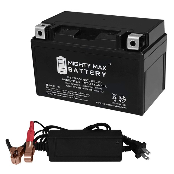 Mighty Max Battery YTZ10S Battery Replaces Parts Unlimited 2113-0089 + 12V 2Amp Charger