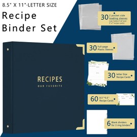 Recipe Binder with Clear Protective Plastic Sleeves, 8.5x11 3 Ring Recipe Book with 6PCS Blank Page Divider, Full Page Recipe Cards Write in Your Own Recipes (Navy Blue)