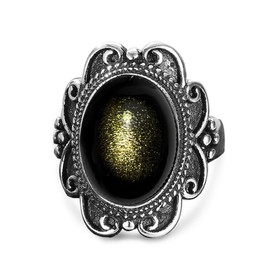DALEGEM Natural Black Obsidian Stone Vintage Flowers Ring for Women,S925 Sterling Silver Naturally Obsidian Bohemian Statement Gemstone Ring Jewelry (Ring_A, 10)