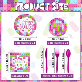 Gejoy 96 Pcs Building Block Birthday Party Supplies, Include 7 Inch 9 Inch Brick Party Plates and Napkins Disposable Plastic Spoons Forks Knives for Girls Birthday Decorations Serves 24 (Sweet Color)