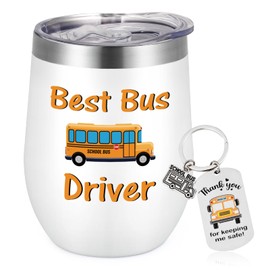 GINGPROUS School Bus Driver Gifts, School Bus Driver Appreciation Gifts Back to School Present Christmas Gifts for Women Men, 12 Oz Stainless Steel Insulated Wine Tumbler with Lid and Straw, White