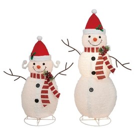 2 Piece, Lighted Pop-Up Christmas Snowman with Hat, Holly, & Scarf, 45 & 35 Inches Tall, Pre-Lit Holiday Yard Decoration