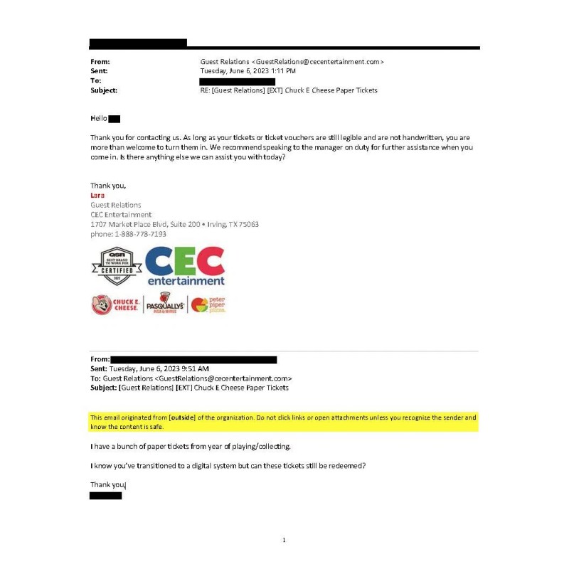 Chuck E Cheese 2000 Chuck E Cheese Game Tickets -