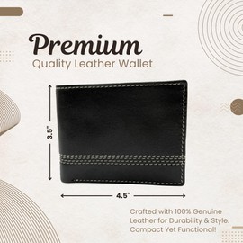 RIVET & BURR Genuine Leather Men’s Bifold Wallet – RFID Blocking Wallet – Single Color Contrast Stitch – Gift Set with Keychain, Vanity Tray & Gift Box (Black)