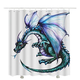 BLDKORUER Blue Dragon Shower Curtain Set Reptile Winged Dragon Fire Animal 60x72 Curtain for Bathroom Shower Curtain Set with Hooks Home Bath Curtain