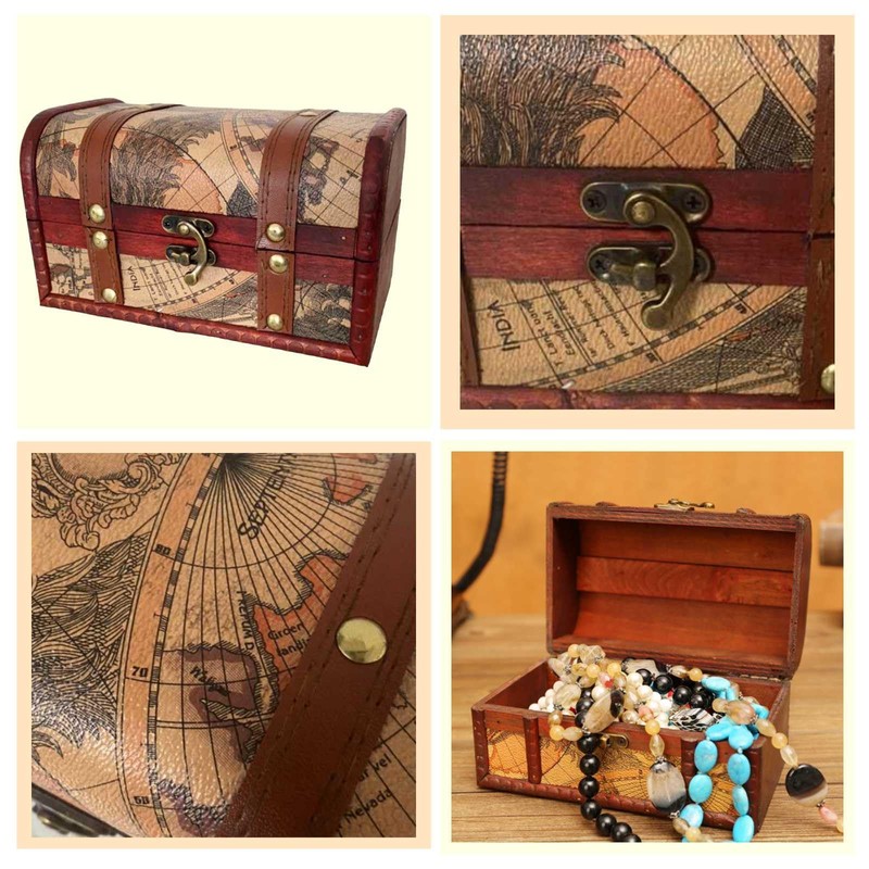 Lunari Map Pattern Treasure Chest Antique Wooden Retro Storage Box