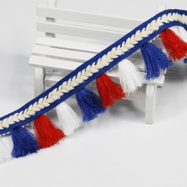 5 Yard 40mm/1.57 Inch Red/White/Blue Vintage Cotton Fringe Fringe Tassels Trim, Boho Long Fringe Trim, Sewing Fringe Trim for Drapery Curtain Pillow Carpet Lamp Fringe Crafts (Red/White/Blue-30mm)