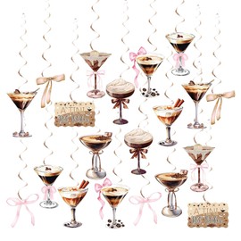 SINGOMON 20PCS Martini Birthday Decorations A Tini Bit Older Cocktail Hanging Swirls Olive Espresso Hanging Decorations Brown Pink Bow Decor Tini Bar Ceiling Streamers for Martini Themed Party Decorations Bachelorette Party Supplies Bridal Shower Decor