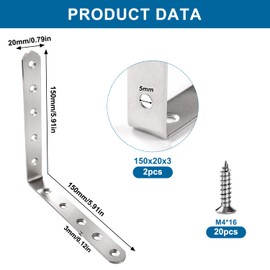 VooGenzek 2 PCS 150x150x20x3 mm L Brackets, Stainless Steel L Shaped Corner Braces, 90 Degree Right Angle Brackets Fastener, Corner Brackets, with 20 PCS Screws, for Furniture Desk Table Shelf