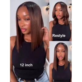 UNICE Bye Bye Knots 7x5 HD Pre Cut Lace Yaki Straight Bob Wig Chestnut Brown Ombre Human Hair Glueless Wig Pre Plucked Bleached Invisible Knots Natural Hairline 150% Density for Women 14 Inch