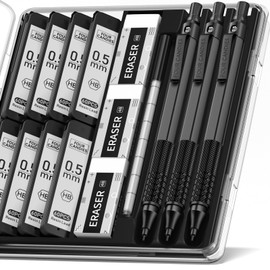Four Candies 0.5mm Mechanical Pencil Set with Case, 3PCS Metal Artist Lead Pencil with 8 Tubes (480PCS) HB Lead Refills, 3 Erasers, 9 Eraser Refills For Engineer Art Writing Drawing Drafting, Black