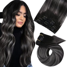 Moresoo Clip-In Real Hair Extensions, Grey Hair Extensions, Real Hair, Ombre, Double Wefts, Invisible Clip-In Extensions, Black Mix, Silver Grey, 7 Pieces, 80g, 35 cm