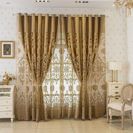 Amidoudou 1 Pair Luxury Double Layered European High-Blackout Curtains Embroidered Curtains for Living Room Bedroom Balcony (Gold,72x96 Inch)