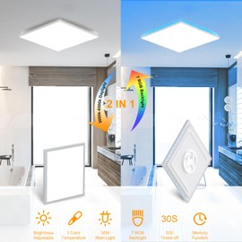 LED Ceiling Light Dimmable, 30 W 3200 LM RGB LED Ceiling Light with Remote Control 3000 K - 6500 K Ceiling Lighting IP54 Waterproof LED Panel for Living Room Bedroom Children's Room Kitchen Bathroom