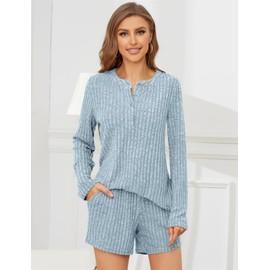 SotRong Ribbed Leisure Suit for Women Two Piece Loungewear Set Long Sleeve Cozy Pajamas Button Down Tenley Top Elastic Waist Shorts with Pocket, lightblue