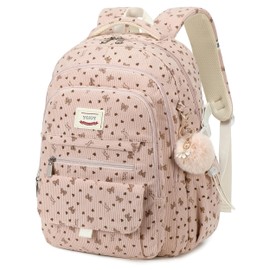 YOJOY Kids Backpack for Girls,15.6 Inch Laptop School Backpacks for Teens Women-Corduroy Book Bag for Elementary Middle High Students Cute Kawaii Travel Daypack(Pink Bowknot)