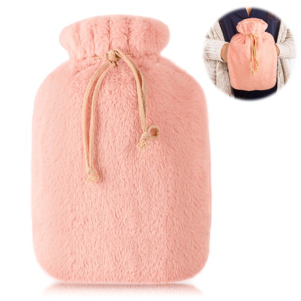 DIZA100 Hot Water Bottle with Cover, Soft Premium Fluffy Cover, 2L Large Hot Water Bottles with Kangaroo Pocket, Hot Water Bottle Children, Bed Bottle for Adults, Pain Relief (Pink)
