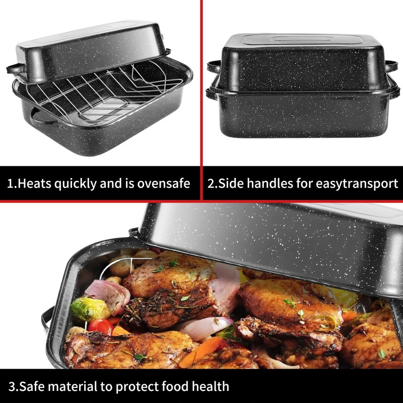 QPMR Roasting Pan with Rack, 21” Rectangular Granite Roaster Pan,