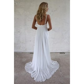 Women's V Neck Spaghetti Straps Beach Wedding Dresses for Bride, Long A-Line Chiffon Bridal Gown Lace Wedding Gowns Ivory
