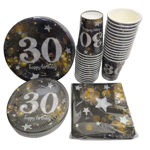 Serves 30 Complete Party Pack Happy 30th Birthday 9" Dinner Paper Plates 7" Dessert Paper Plates 12 oz Cups 3 Ply Napkins 30th Birthday Party Theme
