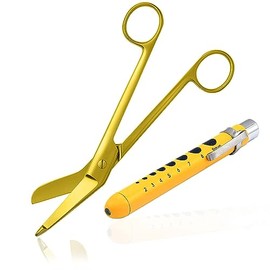 AAProTools Heavy Duty Reusable Penlight + Gold Plated Color Nurse Doctor Lister Bandage Scissors Shears (Dark Yellow + Bandage Scissors 7.25")