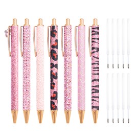 YYBD 7Pcs Ballpoint Pens Metal Pink Glitter Sparkly Writing Pen Mermaid Leopard Sequin Journaling Pen Retractable Black Ink Pen with 10Pcs Pen Refills for Student Teacher Back to School Present