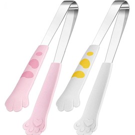 Bookwarm Cat Hand Tongs, Set of 2, Stainless Steel, Small Tongs, Pink - For Appetizers, BBQs, Grills, Sugar Cubes, Cat Kitchen Accessories (White + Pink)