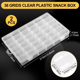 Hejo 2 PCS 36 Grids Plastic Compartment Storage Box, Craft Organiser Box Travel Snack Box for Plane with Adjustable Dividers, Multi Compartment Organiser Box for Beads,Candies,Jewelry Crafts