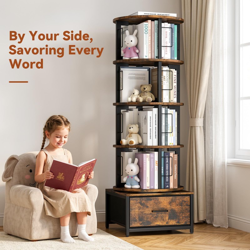 Housolution 5 Tier Rotating Bookshelf Tower with Storage, Rustic Brown