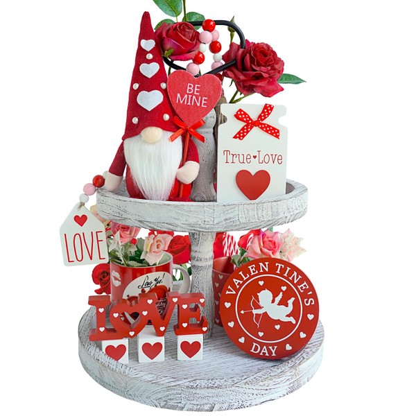 Valentines Day Tiered Tray Decor Valentine Gnomes Plush Decorations for Home 7 Pcs Valentines Farmhouse Wooden Signs Decor Cupid's Arrow Love Sign True Love Cup Beads Garland Heart Decor