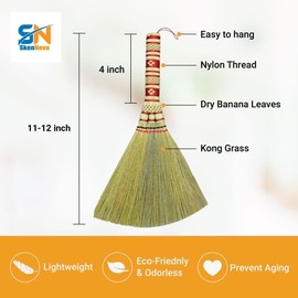 SN SKENNOVA - (Tiny Size) 11 inch Short of Asian Whisk Broom Thai Natural Straw Broom with Embroidery Nylon Thread Handle with Nylon Hanger