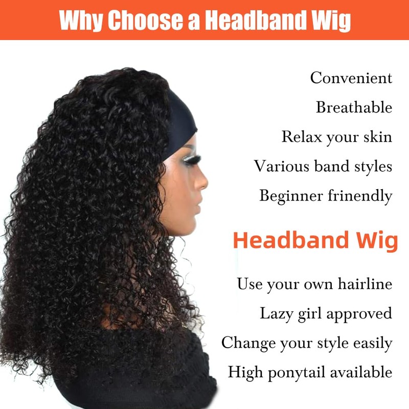 Wig, Women's Real Hair, Black Kinky Curly Headband Wigs, Human