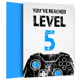 Gamer 5th Birthday Card for Boy - Black & Blue Reached Level 5 Bday Card for Son, Great Grandson, Nephew or Brother. Gaming Happy Birthday Card for 5 Year Old