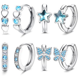 JeweBella 4 Pair Small Silver Hoop Earrings for Women Girls Pink/Blue Heart Star Butterfly Zirconia Hoop Earrings Hypoallergenic Sleeper Huggie Cartilage Earrings Set for Kids