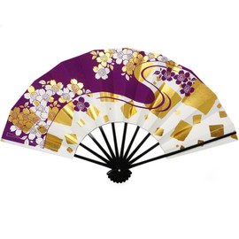 Aidata Mai Fan, 9.0 inches (5 minutes), Black Lacquered Flowing, Cherry Blossoms, Gold Paper, Purple, Red, purple